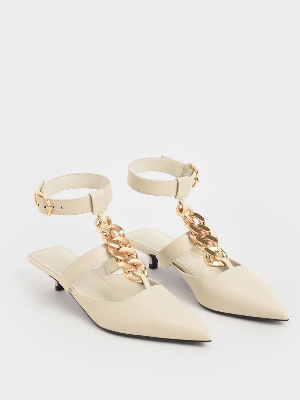 CHENG MEI ZU Cream Chain-Accent Pointed Ankle-Strap Kitten Heels size 6